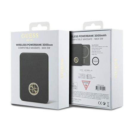 Guess 4G Strassed Metal Logo MagSafe - Power Bank indukcyjny 3000 mAh 5W MagSafe (czarny) (GUPBM3AL4DMK)