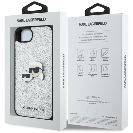 Karl Lagerfeld Fixed Glitter Karl & Choupette Heads Metal Pin - Etui do iPhone 16e (srebrny) (KLHCPSE4PFGKCPS)