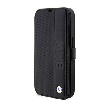 BMW Booktype Leather Textured & Stripe - Etui iPhone 14 Pro Max (czarny) (BMBKP14X22RDPK)