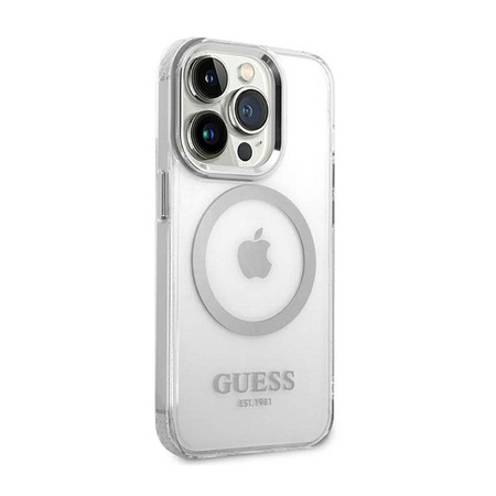 Guess Metal Outline MagSafe - Etui iPhone 14 Pro Max (przezroczysty / srebrny) (GUHMP14XHTRMS)