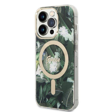 Guess Bundle Pack MagSafe IML Jungle - Zestaw etui + ładowarka MagSafe iPhone 14 Pro Max (khaki/złoty) (GUBPP14XHJEACSA)