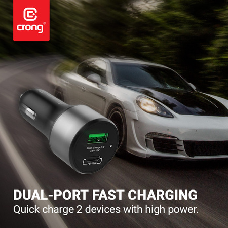 Crong Power Car Charger 63W – Ładowarka samochodowa USB-C PD 45W + USB QC 3.0 18W (czarny) (CRG-PWRC-USBC63-BLK)
