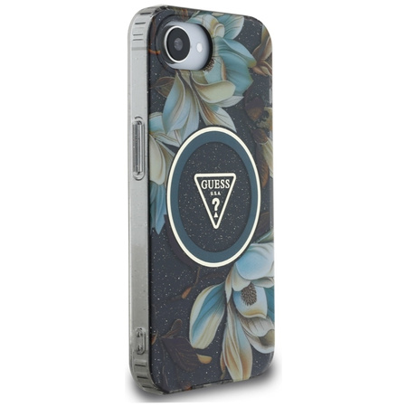 Guess IML Metal Glitter Flowers Triangle MagSafe - Etui do iPhone 16e (czarny) (GUHMPSE4HFLPEDK)