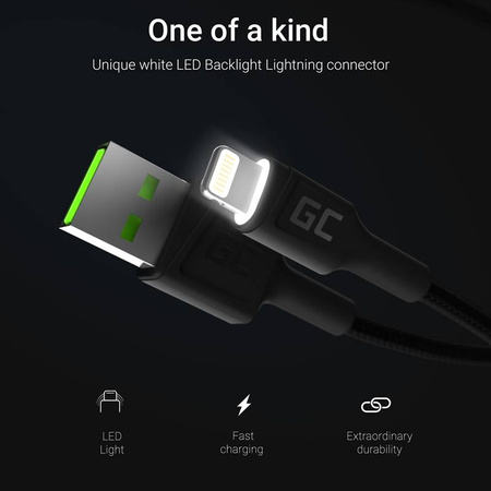 Green Cell Ray - Kabel Przewód USB - Lightning 200cm z białym podświetleniem LED, szybkie ładowanie Apple 2.4A (KABGC12)
