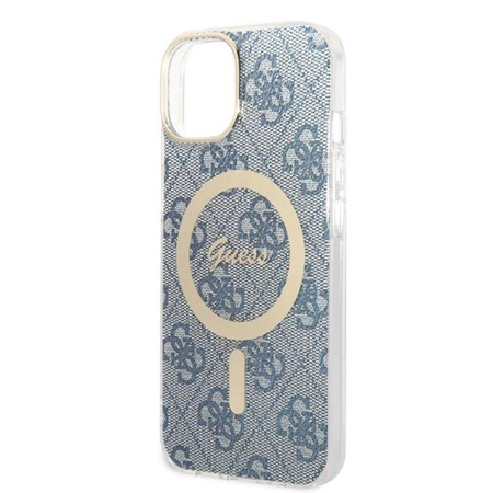 Guess Bundle Pack MagSafe 4G - Zestaw etui + ładowarka MagSafe iPhone 14 (niebieski/złoty) (GUBPP14SH4EACSB)