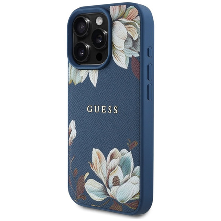 Guess Grained Printed Flower Pattern MagSafe - Etui do iPhone 16 Pro Max (niebieski) (GUHMP16XPGNMPLMB)