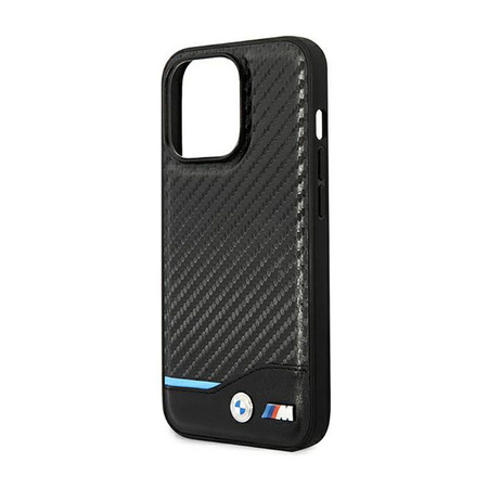 BMW Leather Carbon Blue Line – Etui iPhone 14 Pro (Czarny) (BMHCP14L22NBCK)