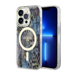 Guess Leopard MagSafe - Etui iPhone 14 Pro (Niebieski) (GUHMP14LHLEOPWB)