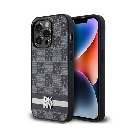 DKNY Leather Checkered Mono Pattern & Printed Stripes - Etui iPhone 14 Pro (czarny) (DKHCP14LPCPTSSK)