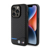 BMW Leather Carbon Blue Line MagSafe - Etui iPhone 15 Pro (czarny) (BMHMP15L22NBCK)
