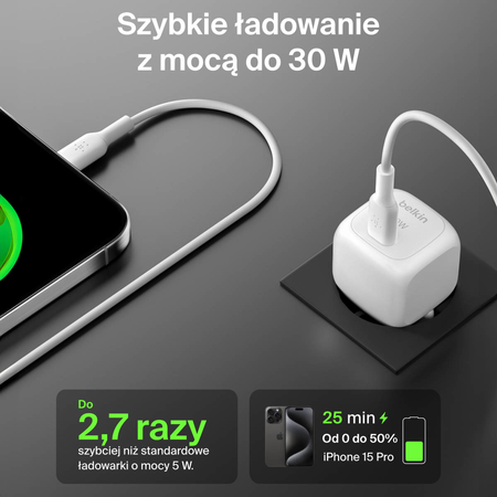 Belkin Ładowarka USB-C PD 30W, mała, biała (WCA008KQWH)