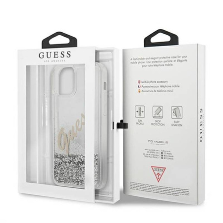 Guess Glitter Vintage Script - Etui iPhone 12 Pro Max (srebrny) (GUHCP12LGLVSSI)