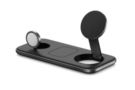 Satechi Qi2 Trio Wireless Charging Pad - magnetyczna ładowarka bezprzewodowa do trzech urządzeń (AppleWatch 5W, AirPods 5W, Qi2 15W), kabel 1m, ładowarka sieciowa 45W oraz wymienne wtyczki UK i EU w zestawie (space gray) (ST-QTPM-EA)