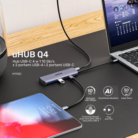 Unitek Hub 4w1 USB-C 10 Gbps, 2x USB-A i 2x USB-C H1112DGY01 (H1112DGY01)