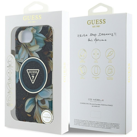 Guess IML Metal Glitter Flowers Triangle MagSafe - Etui do iPhone 16e (czarny) (GUHMPSE4HFLPEDK)