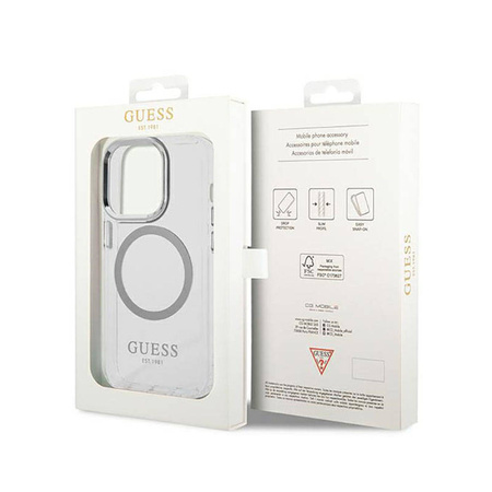 Guess Metal Outline MagSafe - Etui iPhone 14 Pro Max (przezroczysty / srebrny) (GUHMP14XHTRMS)