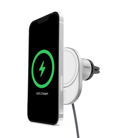Belkin Ładowarka samochodowa 15W, magnetyczna, Qi2.0, zasilacz 20W, srebrna (WIC008BTGR-V2)
