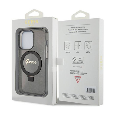Guess Ring Stand Script Glitter MagSafe - Etui iPhone 15 Pro Max (czarny) (GUHMP15XHRSGSK)