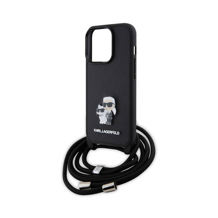 Karl Lagerfeld Crossbody Saffiano Metal Pin Karl & Choupette - Etui iPhone 15 Pro (czarny) (KLHCP15LSAKCPSK)