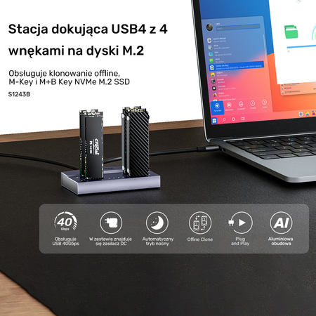Unitek USB4 4-kieszeniowa stacja dokująca/ klonująca M.2 SSD (S1243BGY01-EU)