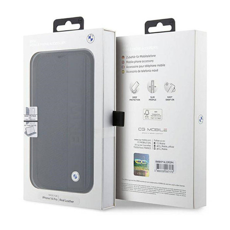 BMW Booktype Leather Textured & Stripe - Etui iPhone 14 Pro Max (czarny) (BMBKP14X22RDPK)