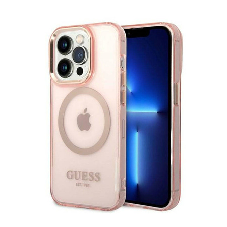 Guess Gold Outline Translucent MagSafe - Etui iPhone 14 Pro (różowy) (GUHMP14LHTCMP)