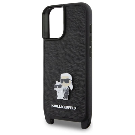 Karl Lagerfeld Saffiano Karl & Choupette Metal Pin CBDY Strap - Etui iPhone 16 (czarny) (KLHCP16SSAKCPBK)