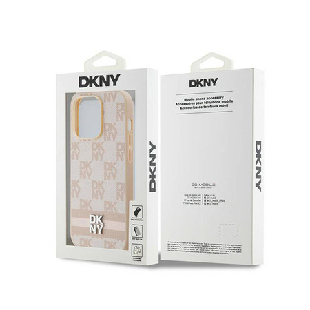 DKNY Leather Checkered Mono Pattern & Printed Stripes - Etui iPhone 14 Pro (różowy) (DKHCP14LPCPTSSP)