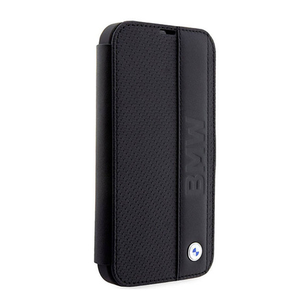 BMW Booktype Leather Textured & Stripe - Etui iPhone 14 Pro Max (czarny) (BMBKP14X22RDPK)
