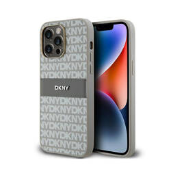 DKNY Leather Mono Stripe & Metal Logo - Etui iPhone 14 Pro (beżowy) (DKHCP14LPRTHSLE)