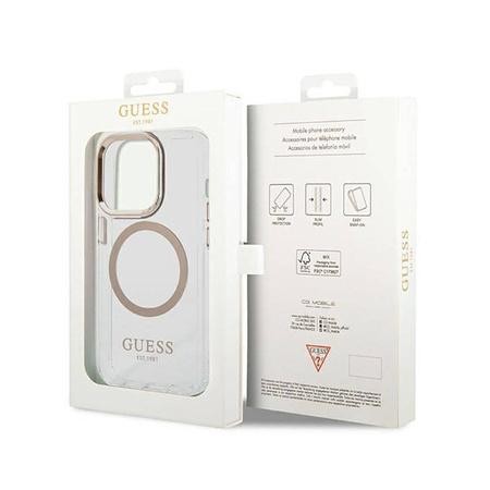 Guess Metal Outline Magsafe - Etui iPhone 14 Pro (przezroczysty / złoty) (GUHMP14LHTRMD)
