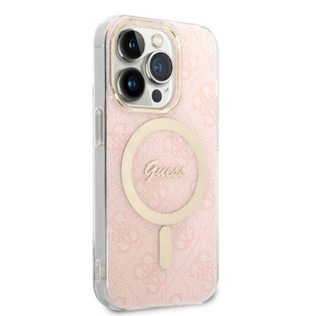 Guess Bundle Pack MagSafe 4G - Zestaw etui + ładowarka MagSafe iPhone 14 Pro (różowy/złoty) (GUBPP14LH4EACSP)