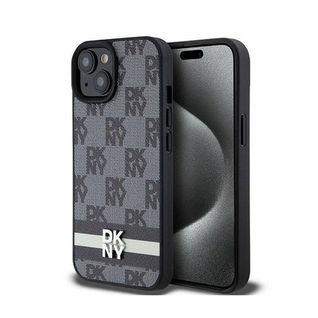 DKNY Leather Checkered Mono Pattern & Printed Stripes - Etui iPhone 15 Plus / 14 Plus (czarny) (DKHCP15MPCPTSSK)