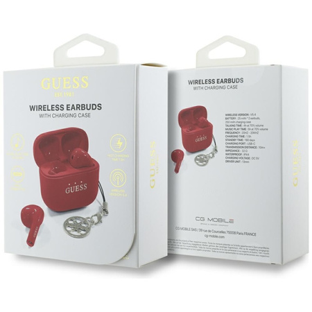 Guess Glossy Effect Printed Classic Logo & Charm - Słuchawki Bluetooth TWS + etui ładujące (czerwony) (GUTWSXMCCLR)