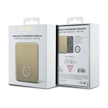Guess 4G Strassed Metal Logo MagSafe - Power Bank indukcyjny 3000 mAh 5W MagSafe (złoty) (GUPBM3AL4DMD)