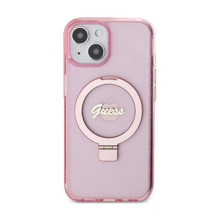 Guess Ring Stand Script Glitter MagSafe - Etui iPhone 15 Plus (różowy) (GUHMP15MHRSGSP)