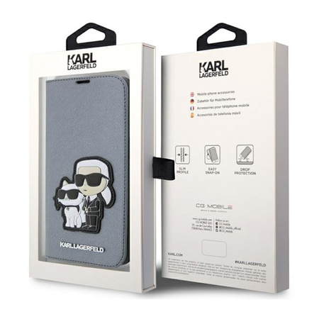 Karl Lagerfeld Booktype NFT Saffiano Karl & Choupette - Etui iPhone 14 Pro Max (Srebrny) (KLBKP14XSANKCPG)