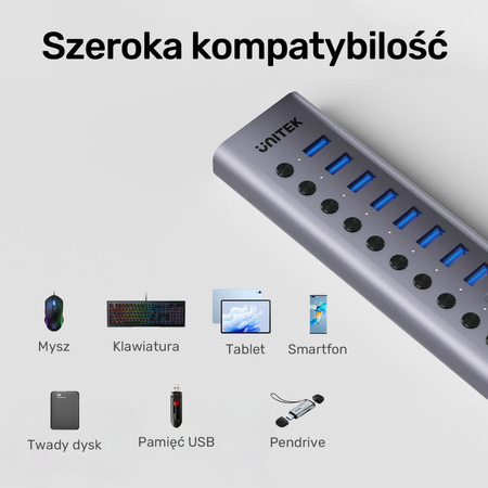 Unitek Hub USB C/USB A 10w1 5Gbps, 8x USB A, 2x USB C z włącznikami portów (H1315B01-EU)