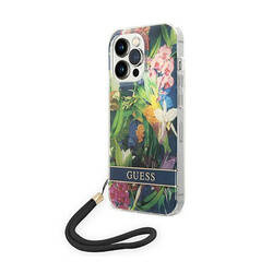 Guess Flower Cord - Etui ze smyczką iPhone 14 Pro Max (niebieski) (GUOHCP14XHFLSB)