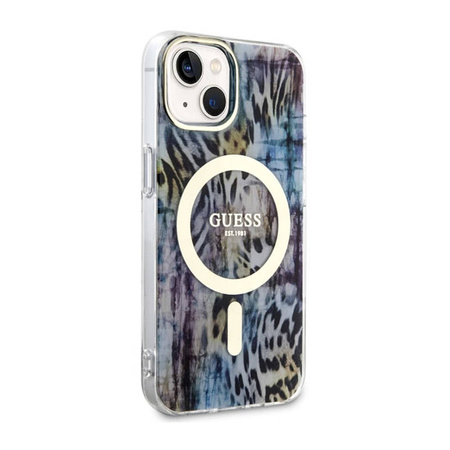 Guess Leopard MagSafe - Etui iPhone 14 (Niebieski) (GUHMP14SHLEOPWB)