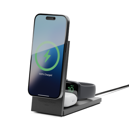 Native Union Rise 3-in-1 INT Qi2 Wireless Charger - bezprzewodowa ładowarka Qi2 15W do trzech urządzeń kompatybilna z MagSafe, adapter oraz wtyczki EU i UK w zestawie (black) (RS-3IN1-BLK-INT)