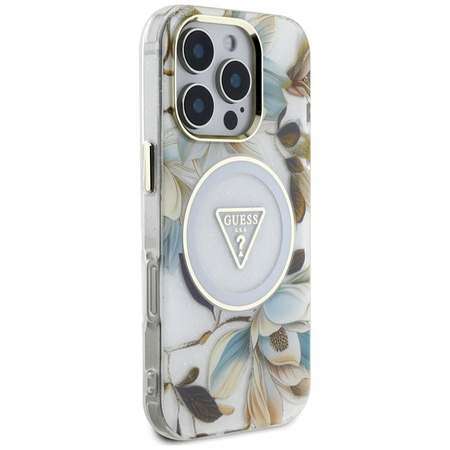 Guess Glitter Flowers Triangle Buttons MagSafe - Etui do iPhone 16 Pro (biały) (GUHMP16LHFLPEDH)