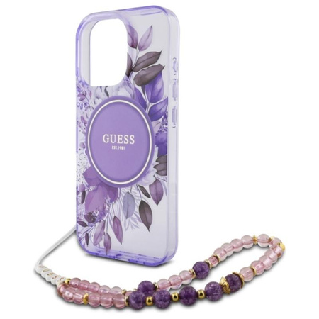 Guess IML Flowers With Pearl Strap MagSafe - Etui iPhone 16 Pro Max (fioletowy) (GUHMP16XHFWBRCESU)