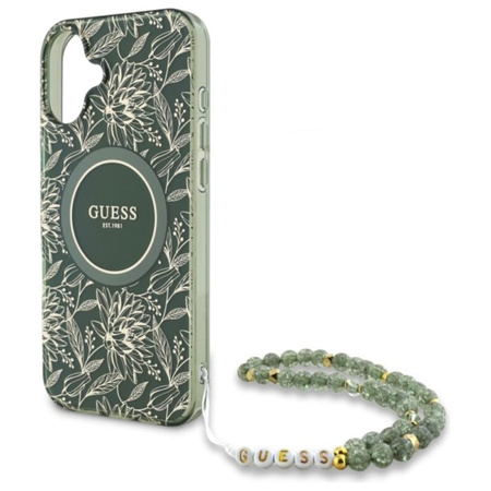 Guess IML Flowers Allover Electro With Pearl Strap MagSafe - Etui iPhone 16 Plus (zielony) (GUHMP16MHCPOFPA)