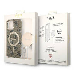 Guess Bundle Pack MagSafe 4G - Zestaw etui + ładowarka MagSafe iPhone 12 / iPhone 12 Pro (brązowy/złoty) (GUBPP12MH4EACSW)