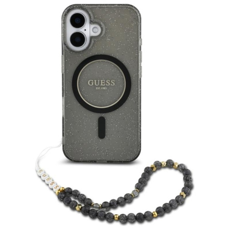 Guess IML Glitter With Pearl Strap MagSafe - Etui iPhone 16 (czarny) (GUHMP16SHGCRELSK)