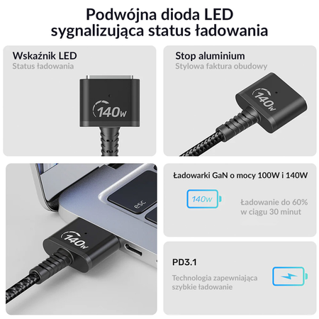 Unitek Kabel zasilający USB-C - MagSafe 3 140W 1 m  - czarny (C14121BK-1M)