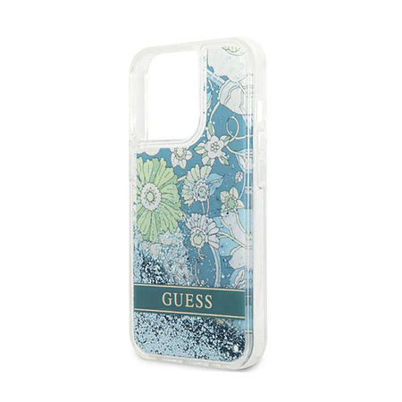Guess Liquid Glitter Flower – Etui iPhone 13 Pro Max (niebieski/zielony) (GUHCP13XLFLSN)