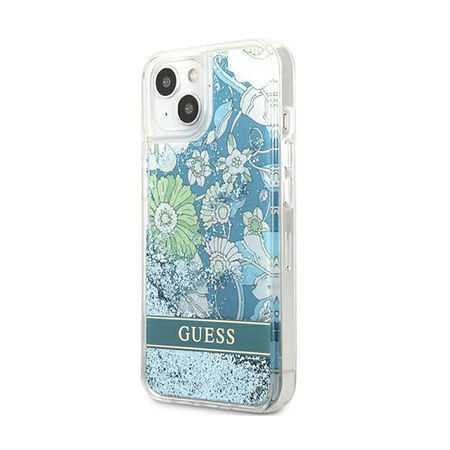 Guess Liquid Glitter Flower – Etui iPhone 13 mini (niebieski/zielony) (GUHCP13SLFLSN)