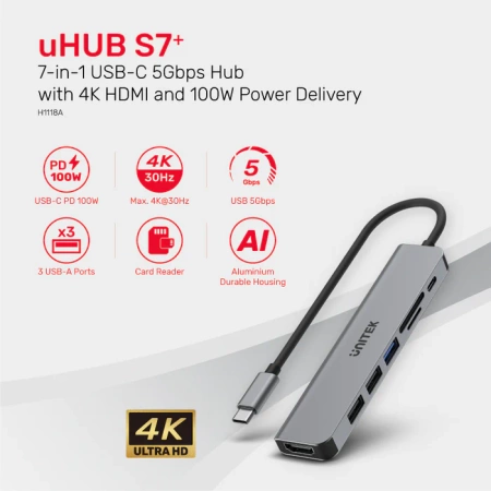 Unitek Hub USB-C aluminium 7w1 USB-C - szary (H1118A)